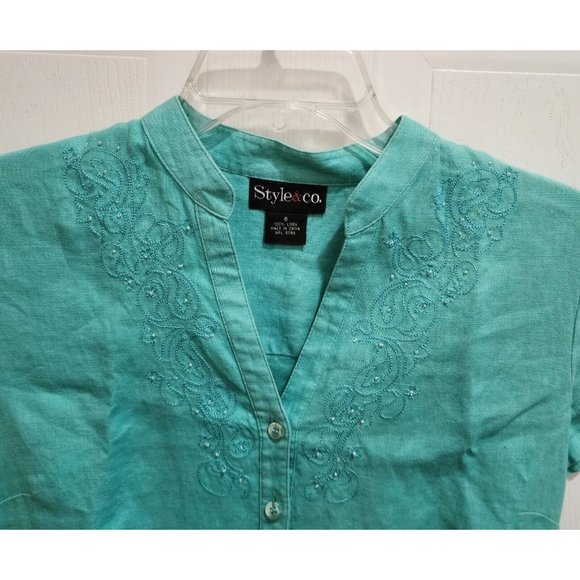 Style & Co Women's Short Sleeve Blouse Top Button Up 100% Linen Beaded Blue Sz 6 - Picture 2 of 8
